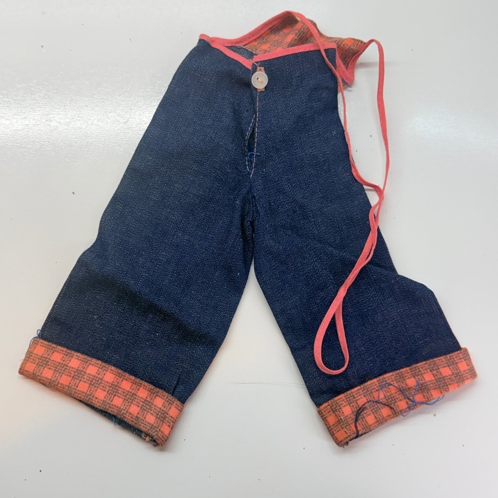 Doll Denim Overalls Jumpsuit Plaid Trim Pink Straps 6" Length Fashion Doll